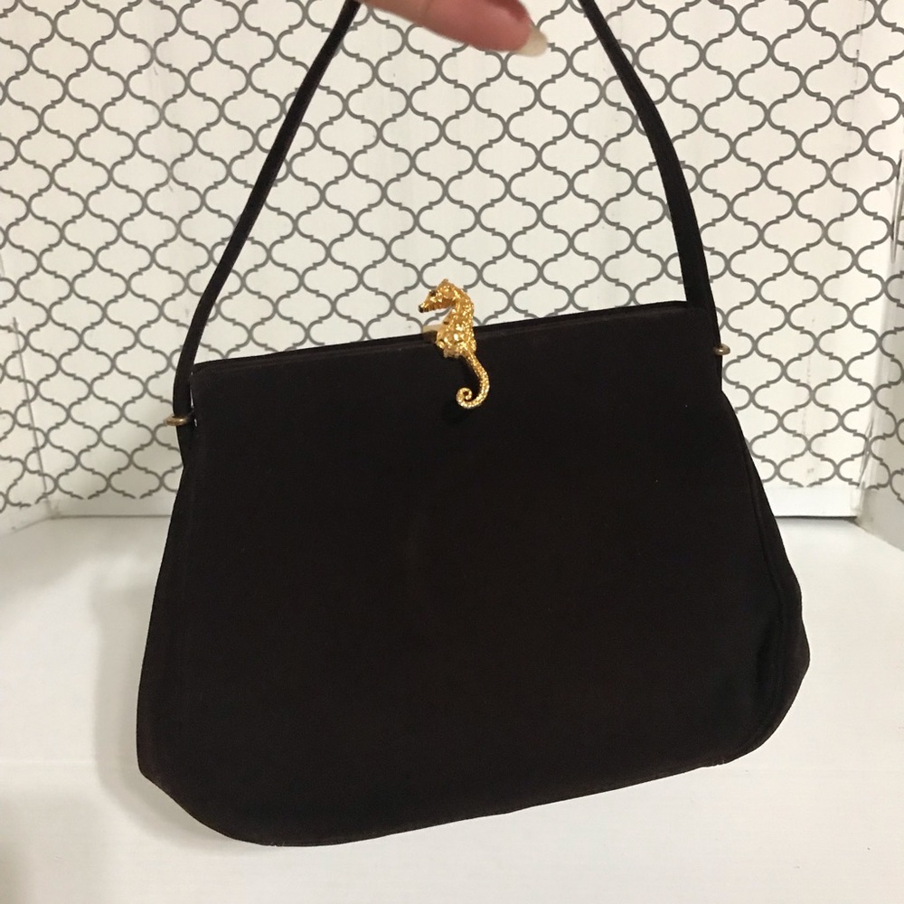 Bienen-Davis Vintage Dark Drown Suede Handbag with Gold Seahorse Accent